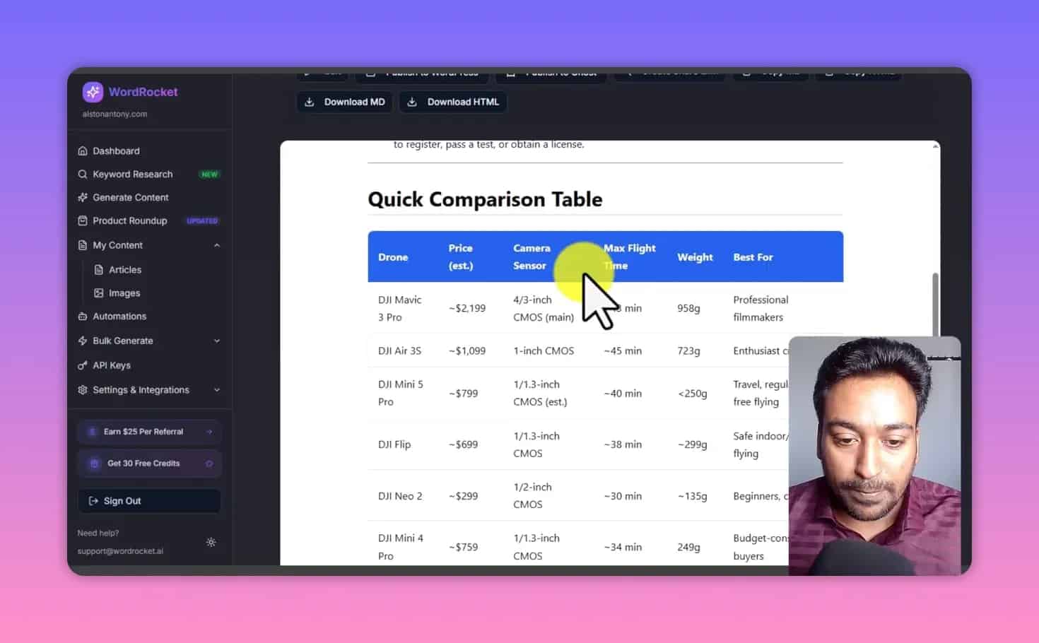 WordRocket product roundup quick comparison table with drone specs