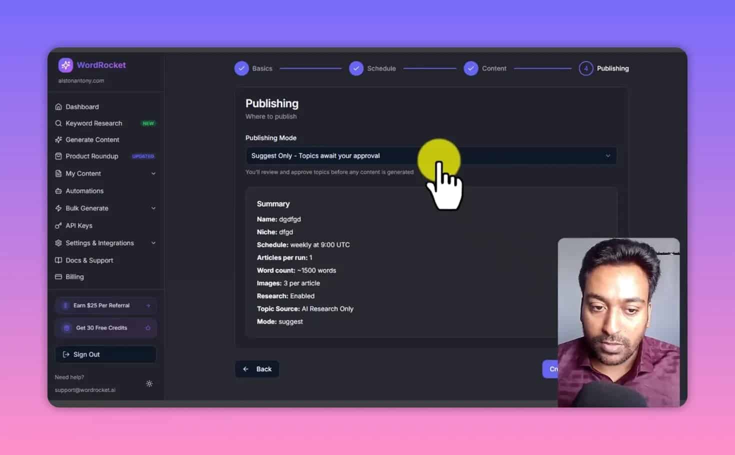 WordRocket publishing mode set to Suggest Only with automation summary details