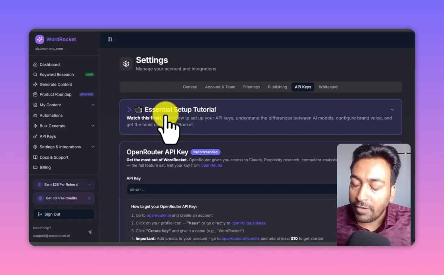 WordRocket Settings page showing OpenRouter API key setup instructions