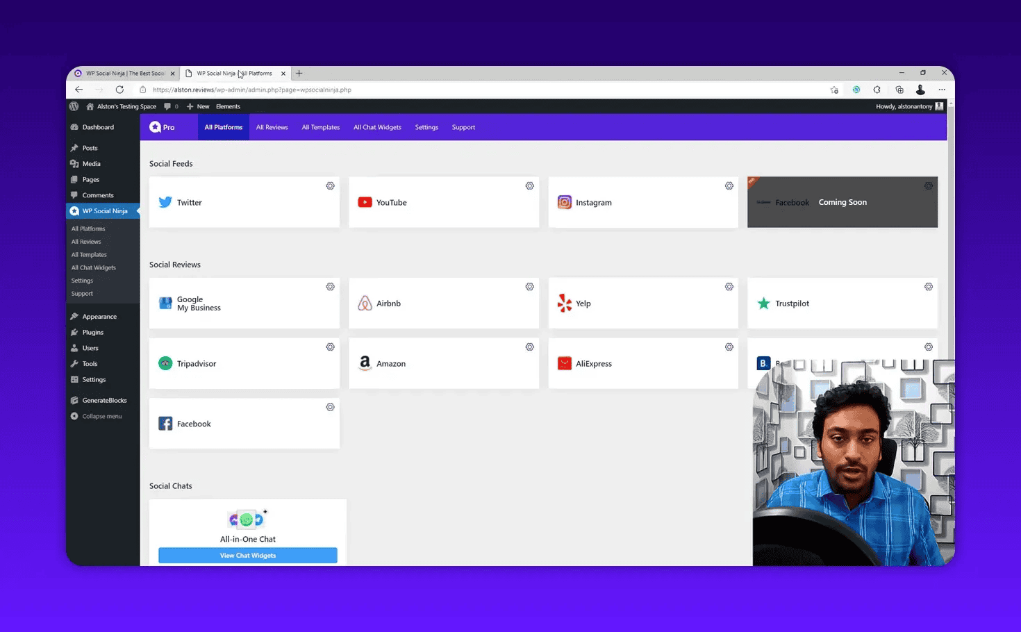 Clear screenshot of the WP Social Ninja admin dashboard showing Twitter, YouTube, Instagram cards, review sources (Google, Airbnb, Yelp, Trustpilot, Amazon) and a presenter overlay.