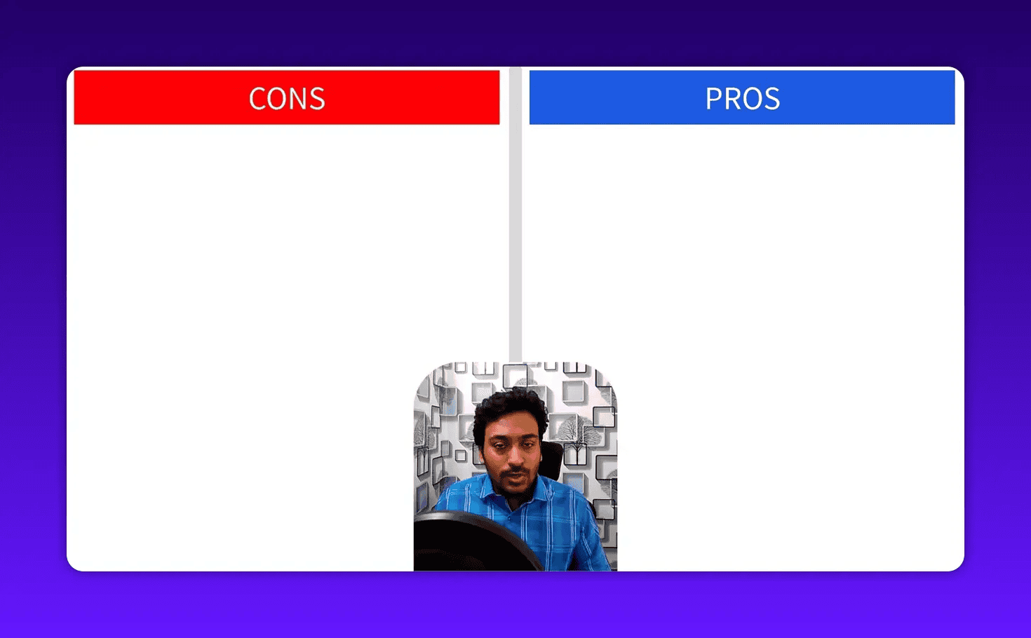 Slide showing 'CONS' and 'PROS' headings with the presenter centred beneath — a concise visual summary of the review.