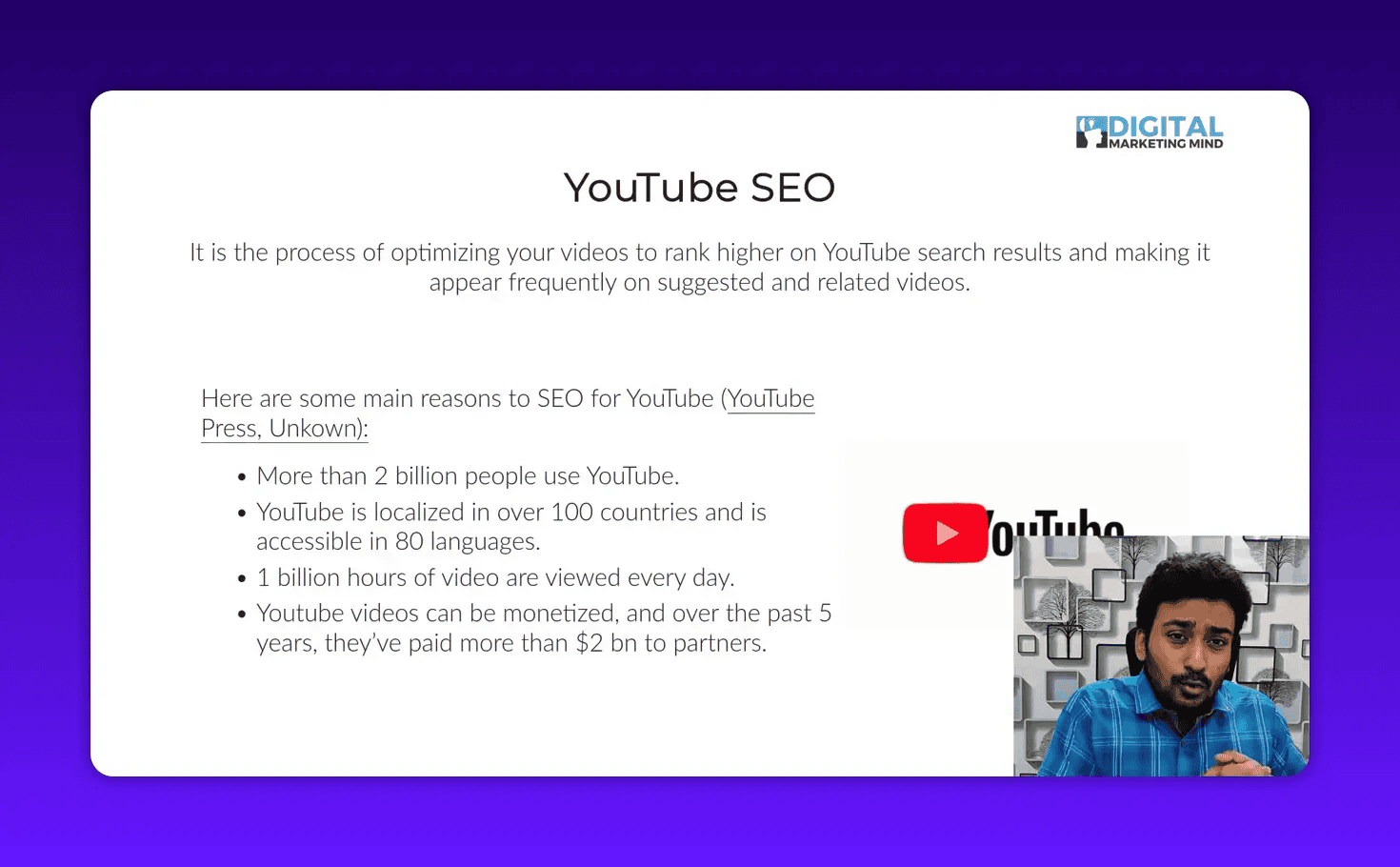 Clear presentation slide titled 'YouTube SEO' with bulleted points about YouTube usage and a presenter inset at the bottom right.