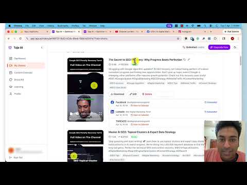 Taja AI dashboard showing auto-generated YouTube shorts with titles scheduling dates and virality scores